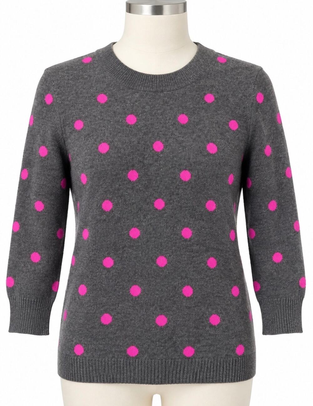 C by Bloomingdale's 100% Cashmere Sweater Gray Pink Polka Dot 3/4 Sleeve M